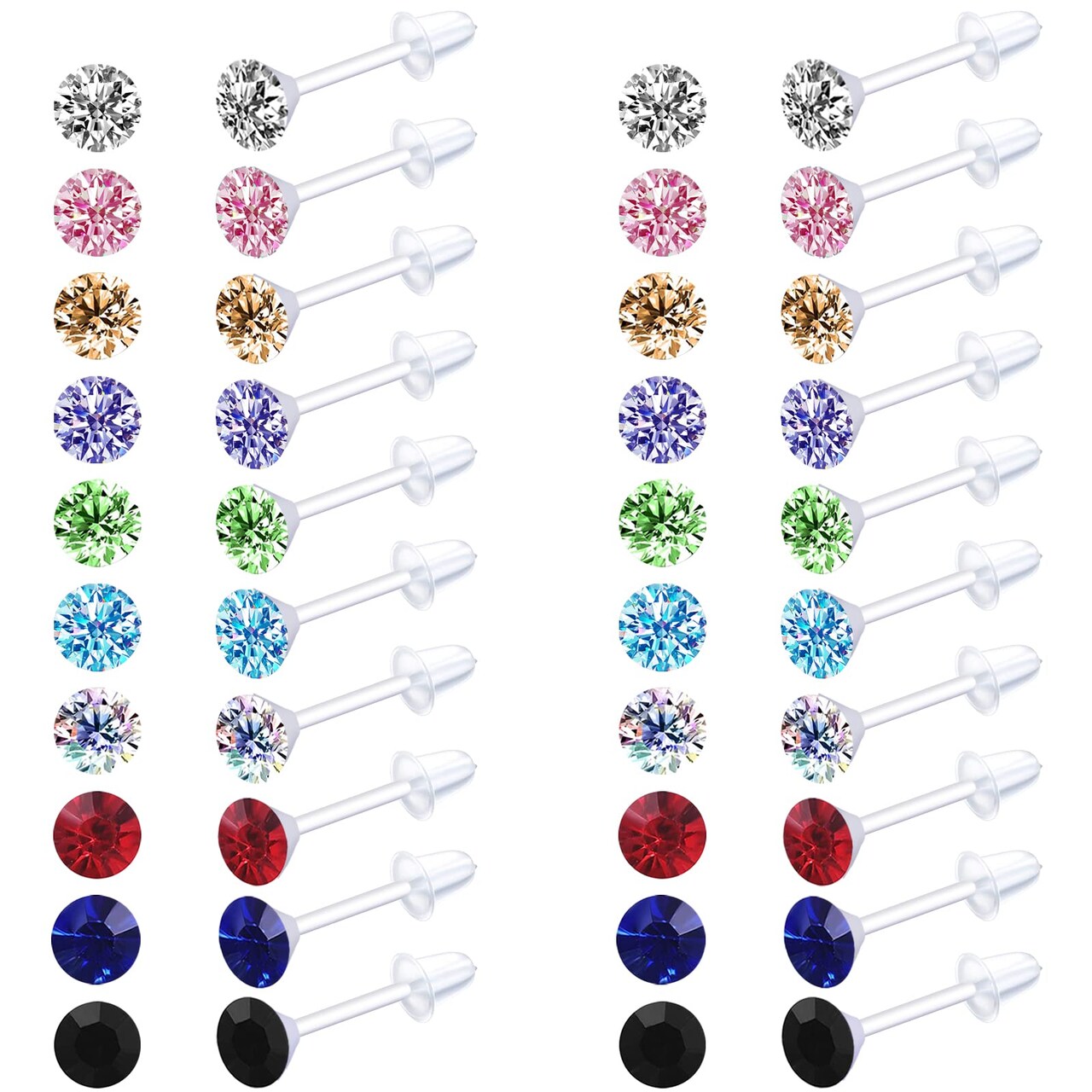 Plastic Earrings,80pcs Colorful Cubic Zirconia Earrings for Gril, medical grade plastic Post earrings for sensitive ears, 3mm stud earrings for women hypoallergenic